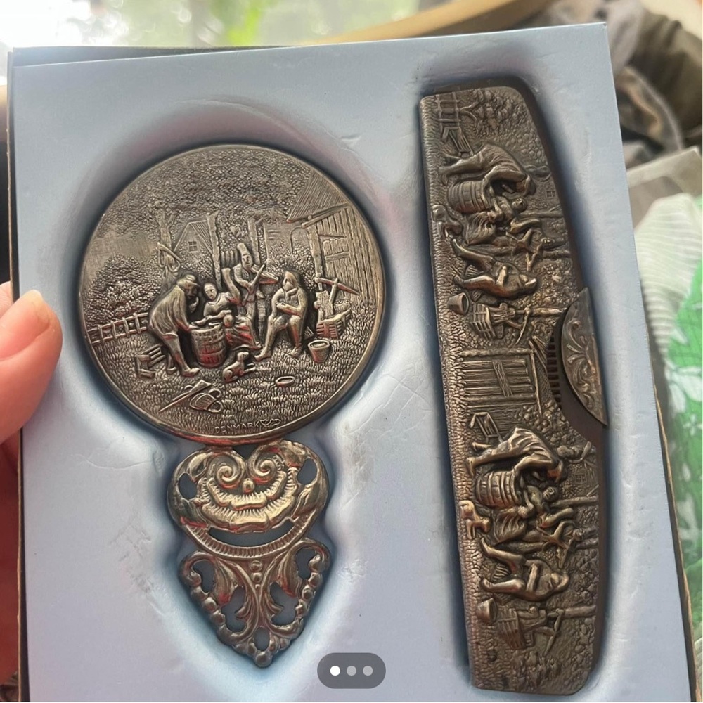Vintage Lot Hans Jensen Denmark Repousse Hand Mirror & Comb Set Silver Plate